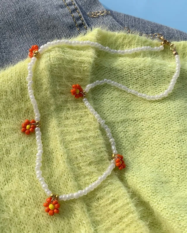 Poppy Orange Flower Beaded Necklace