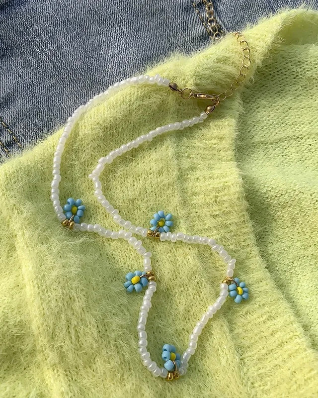 Morning Glory Blue Flower Beaded Necklace