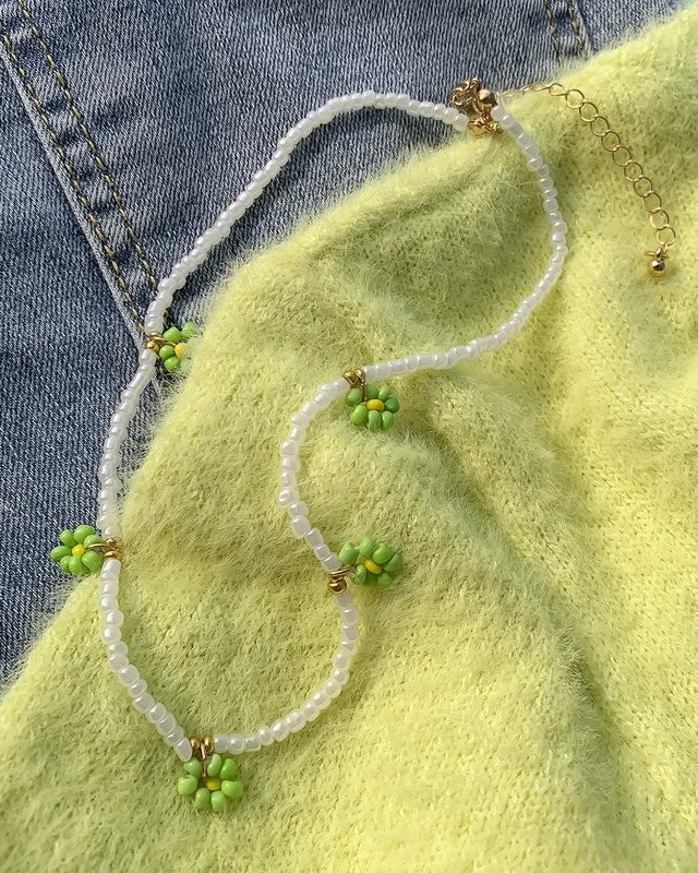 Bells of Ireland Green Flower Beaded Necklace