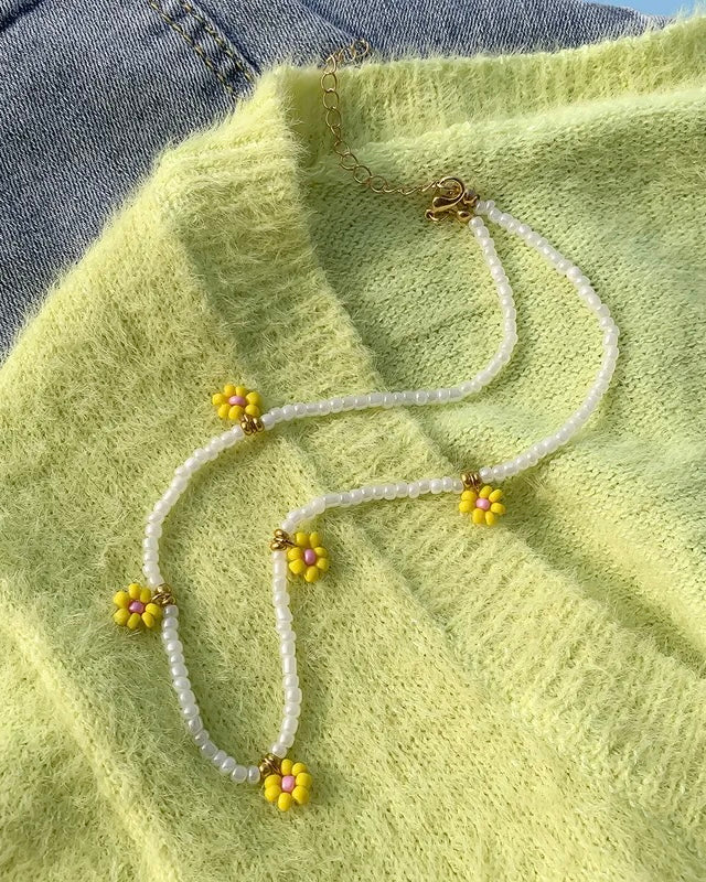 Buttercup Yellow Flower Beaded Necklace