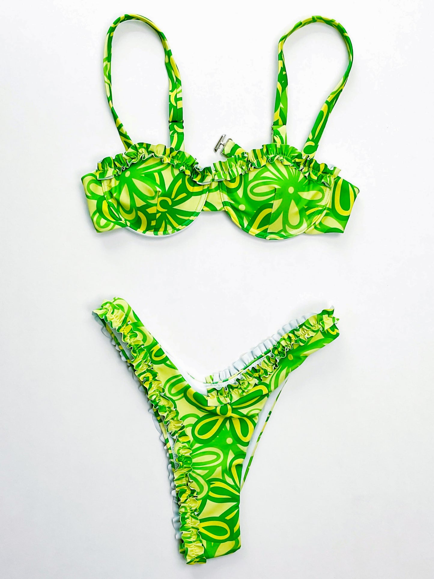 Green Ruffled Up Floral Swimsuit Set