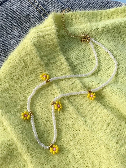 Buttercup Yellow Flower Beaded Necklace