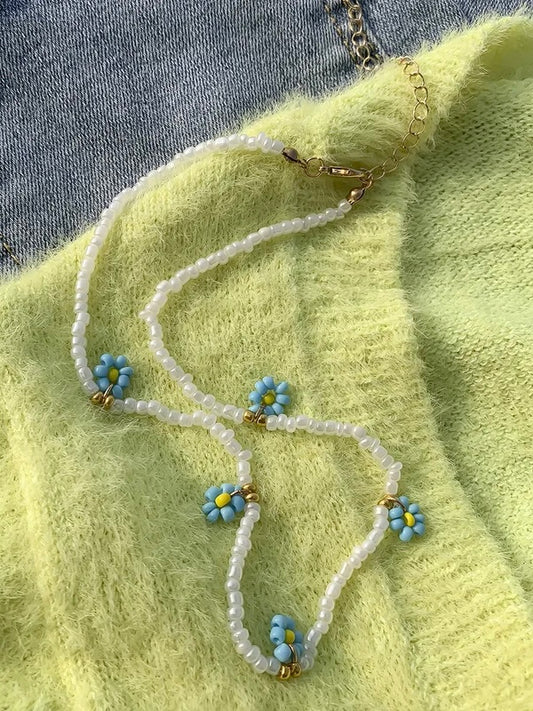 Morning Glory Blue Flower Beaded Necklace