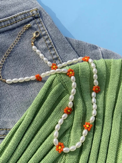 Marigold Orange Flower Beaded Necklace