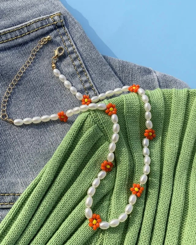 Marigold Orange Flower Beaded Necklace