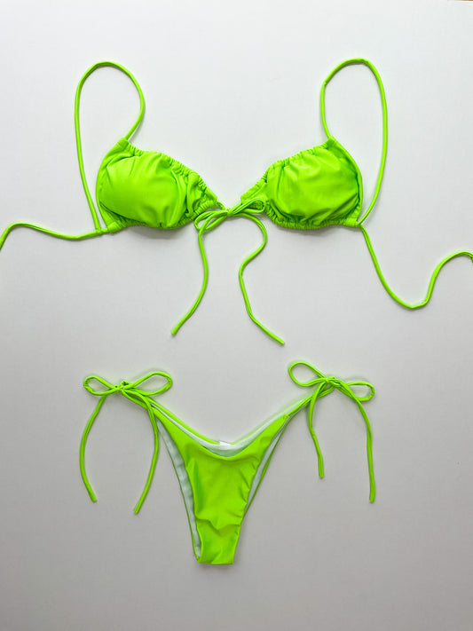 Neon Rouche Plunge Bottoms Bikini Set