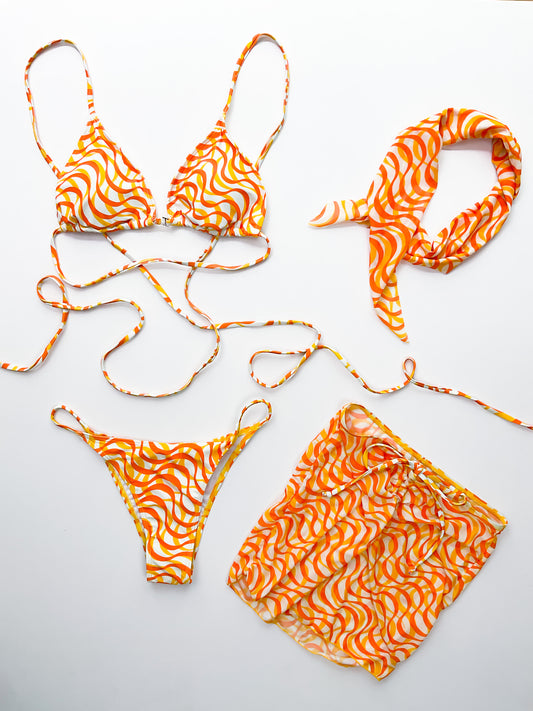 Orange Wavy Retro 4-Piece Swim Set