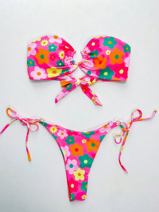 Pink Flower Power Strapless Swimsuit Set