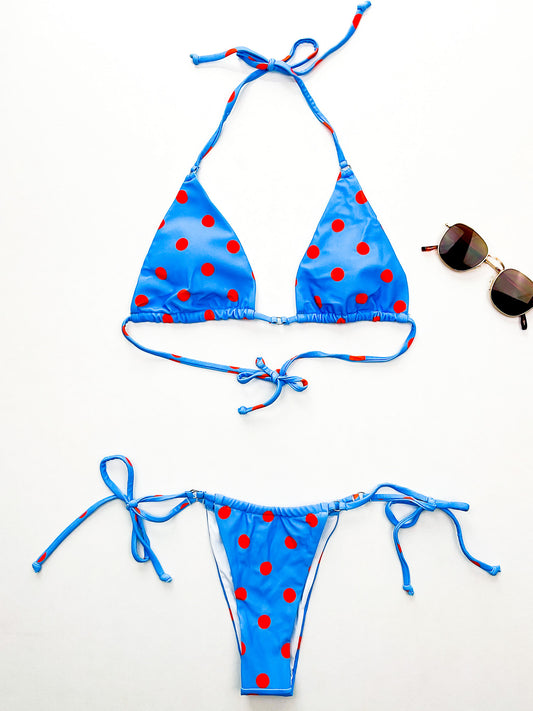 Blue & Orange Polka Dot String Bikini Set