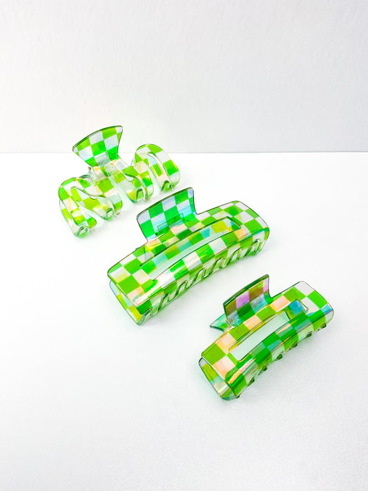 Green Iridescent Checkered Claw Clips