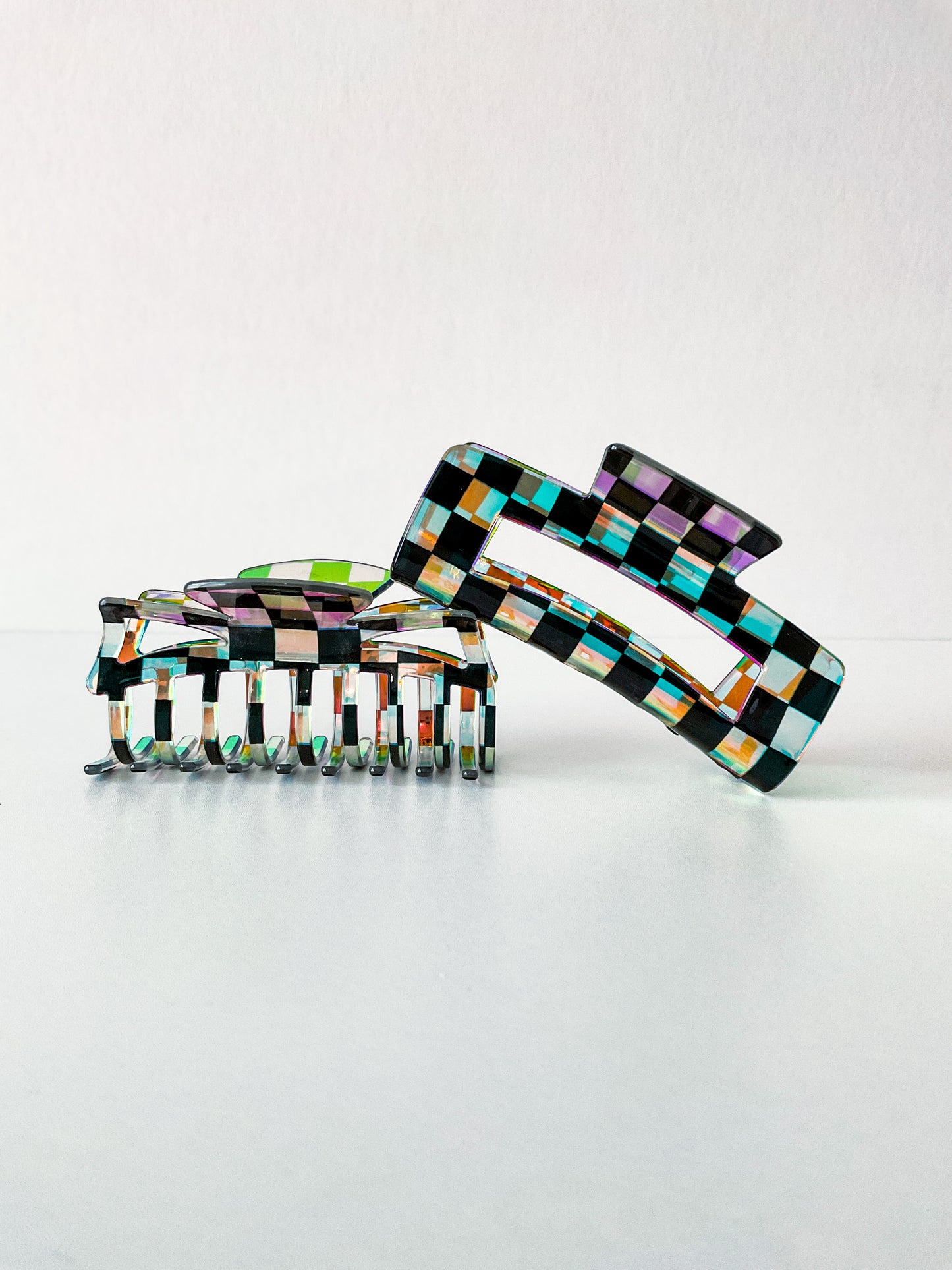 Black & White Iridescent Checkered Claw Clips